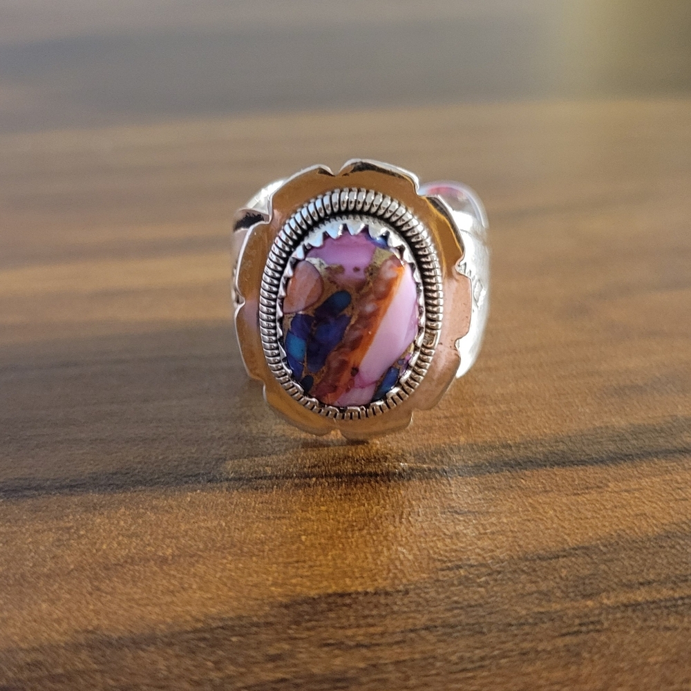 Pink Dahlia Turquoise Sterling Silver Ring, size 10